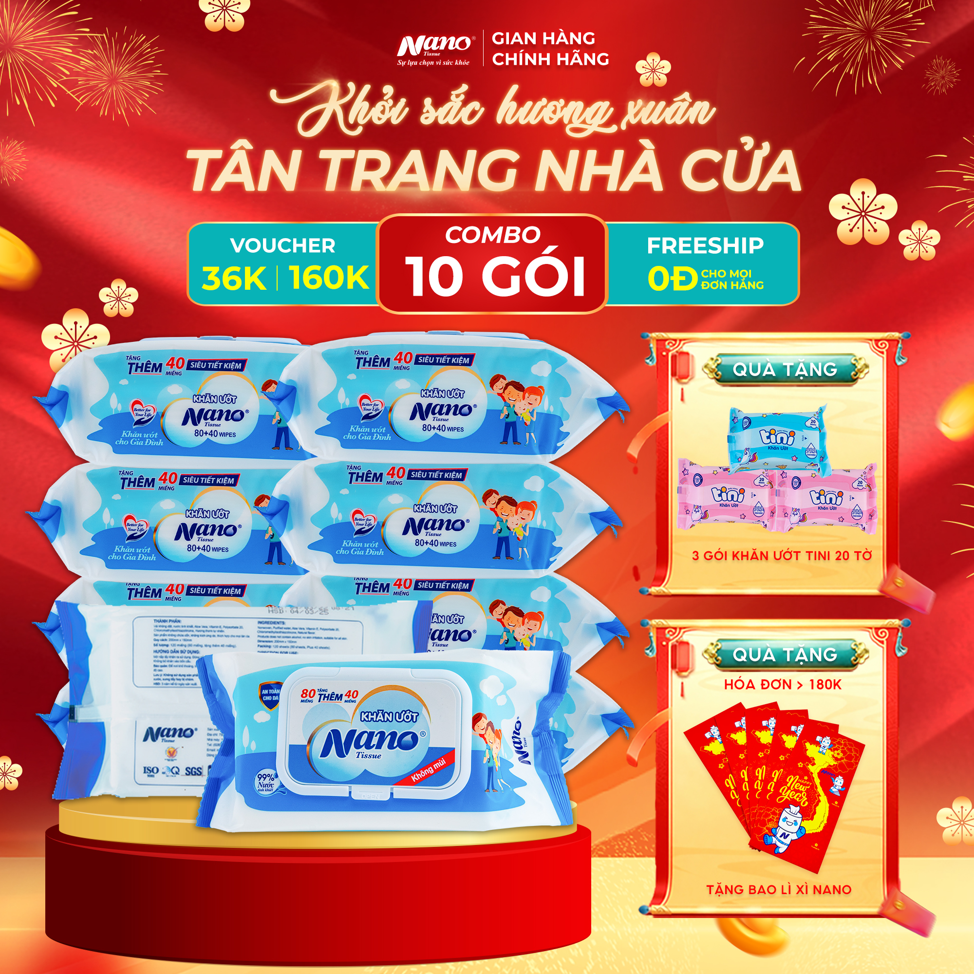 Khăn ướt GĐ 80+40 miếng không mùi (xanh dương)